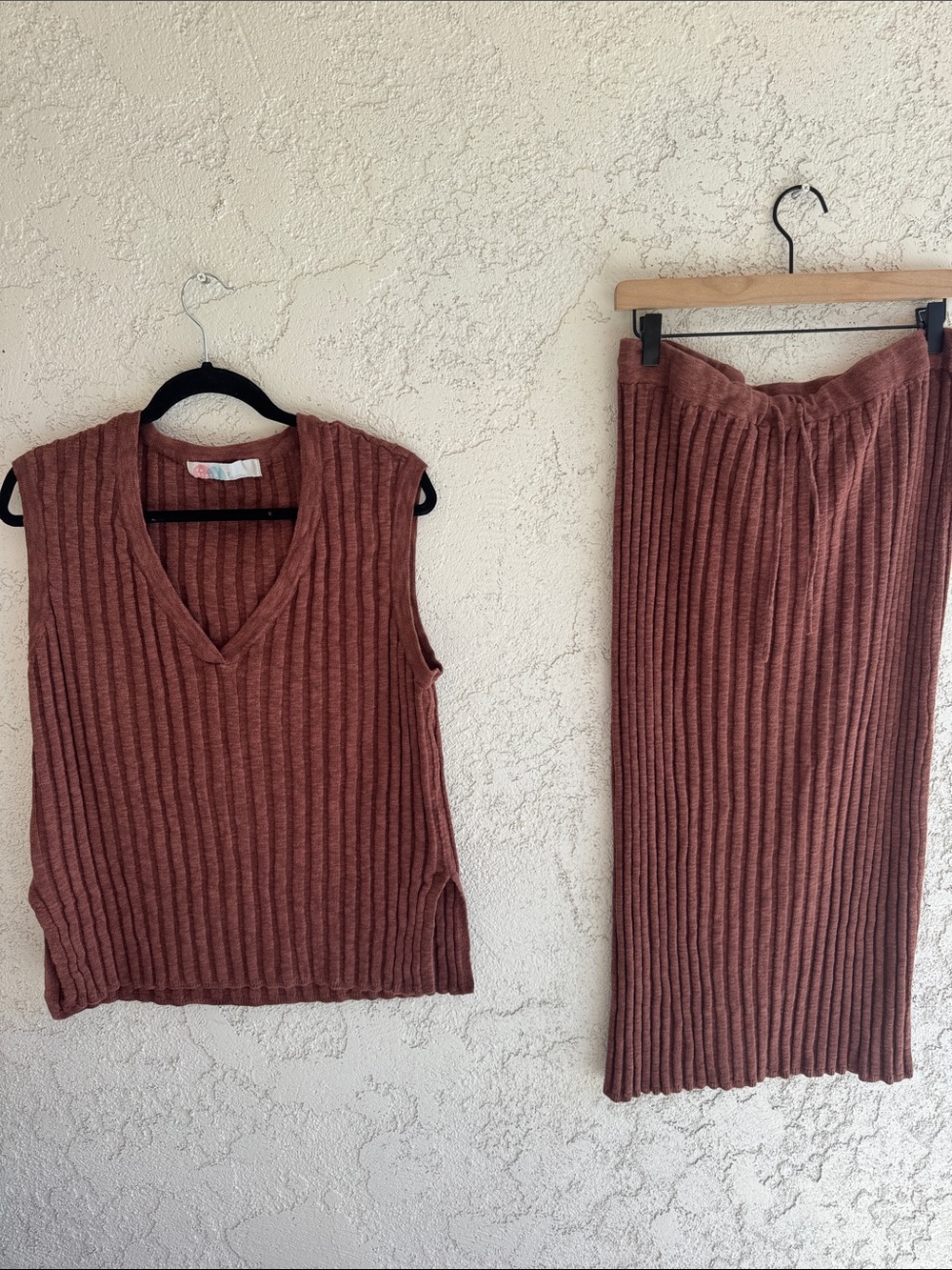 Free People Ribbed Knit Two-Piece Skirt Set - Rust color size Large
